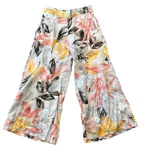 C&C California 100% Linen Pant SMALL Floral Crop Wide Leg Beach Pull On Tropical